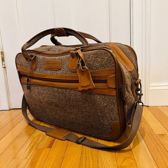 Vintage Pierre Cardin Paris Leather Tweed Luggage Travel Weekender Bag 22 inche - Picture 9 of 16